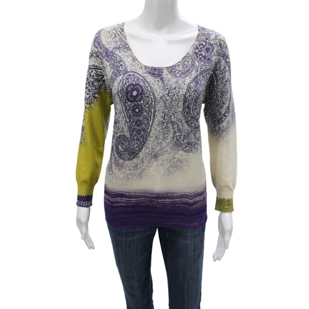 Etro Women Green Paisley Scoop Neck Pullover Sweater Long Sleeve Size 42